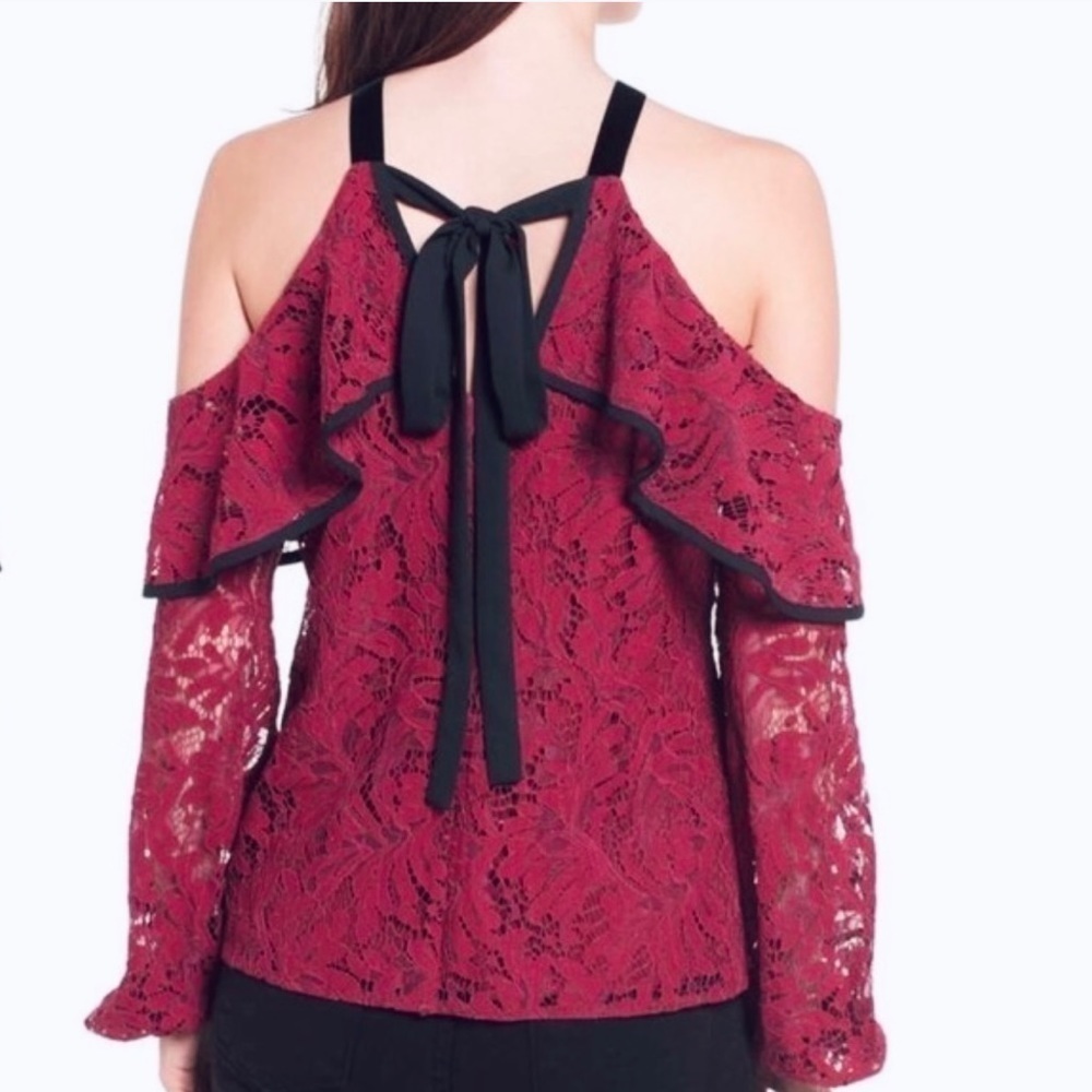 WAYF Red Wine Lace Ruffle Velvet Strap Blouse Top - Women's Size‎ Medium